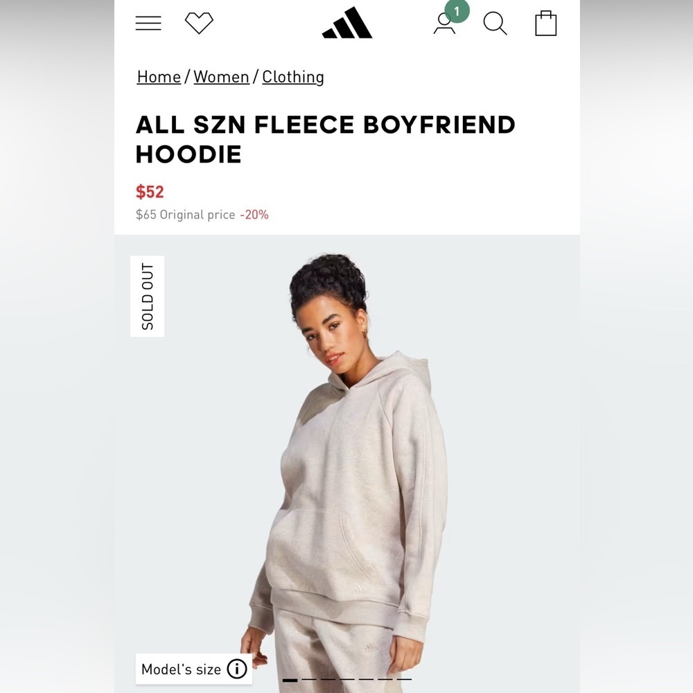 Adidas Cream All Szn Boyfriend Fleece Sweatshirt Hoodie Cotton Blend New Sz S - Picture 2 of 14